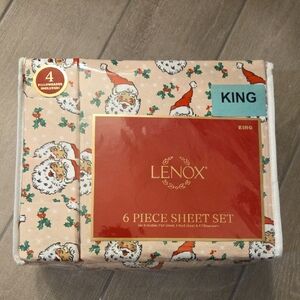 NWT Lenox Festive Santa King Sheet Set - Cream and Red